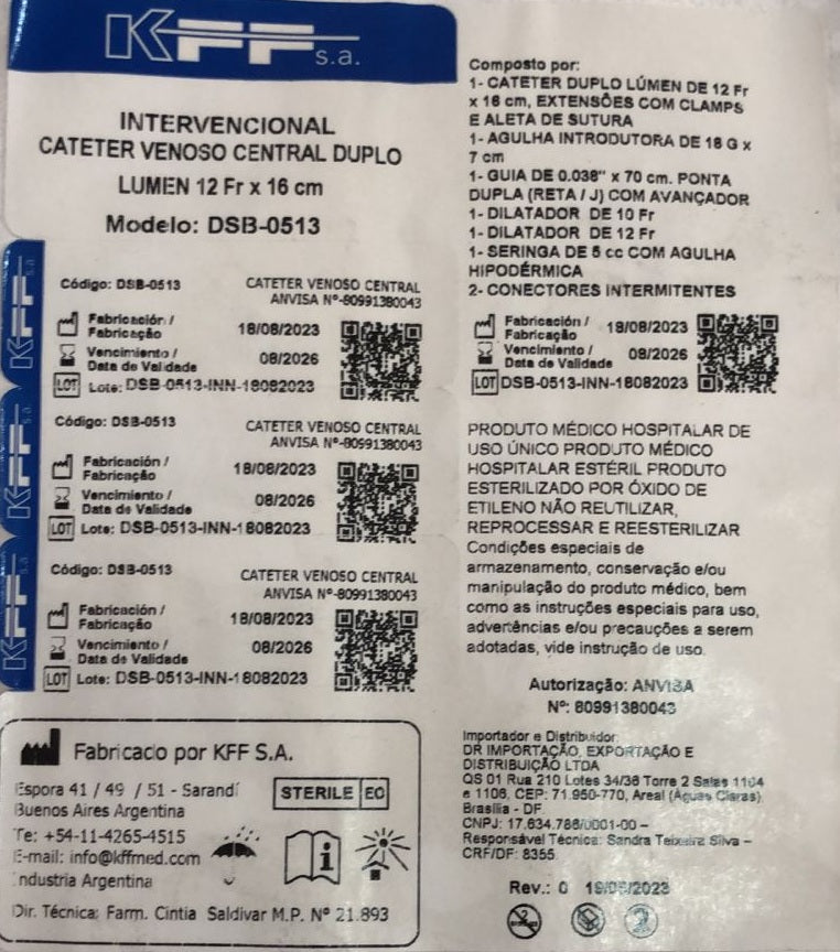 Cateter Venoso Central para Hemodiálise Duplo Lúmen Reto 12frx16cm