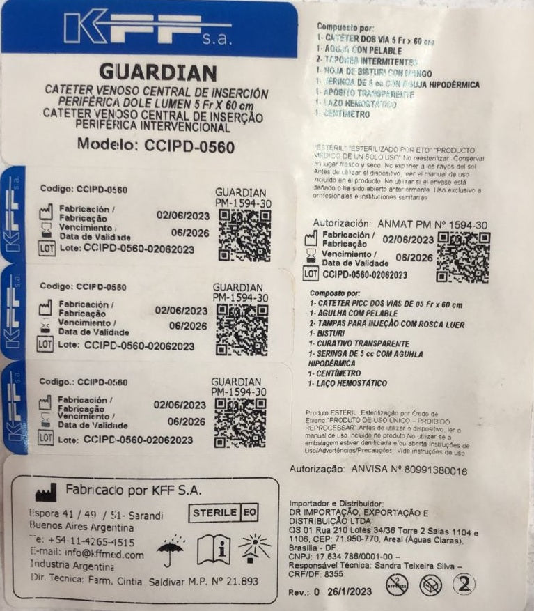 Cateter Venoso Central de Inserção Periférica (PICC) Duplo Lúmen 5Fr 60cm - KFF