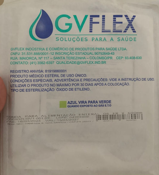 Sonda para Alimentação Enteral 06Fr x 600mm com Guia - GV FLEX